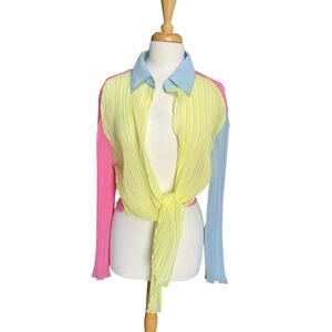 Y2K Shirt Dopamine Pastel Long Sleeves Lettuce Hem Pleated Tie Front Sheer 2X